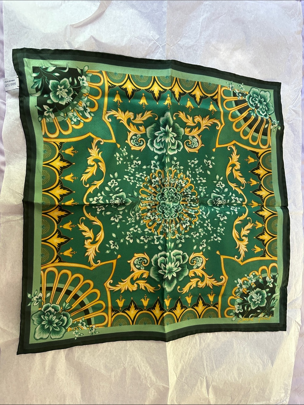 Sarah Flint Green and Gold Ornate Floral Silk Scarf